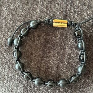 Black Beaded Men's Adjustable Bracelet with Gold Accent